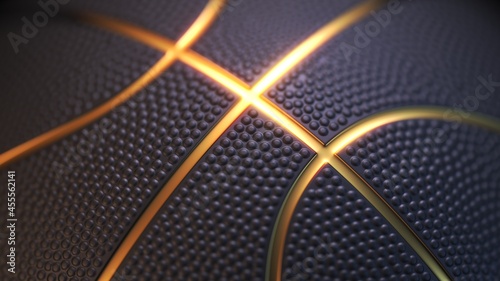 Basketball ball background. Close up of black basketball ball with golden glowing line and dimple texture. Depth of field. 3d rendering © 3d_kot