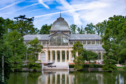 MADRID, SPAIN - SEPTEMBER 7, 2021. Crystal Palace located in the Retiro Park, a green lung of the city of Madrid, in Spain. Europe. Horizontal photography.