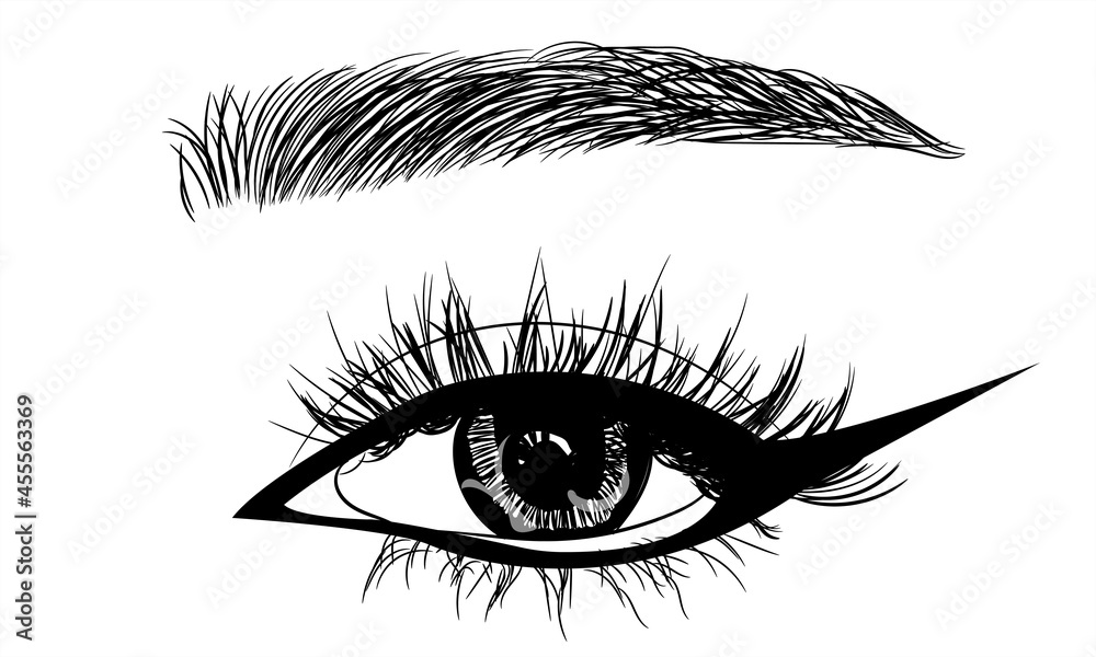 Obraz premium Fashion illustration of the eye with long full lashes. Hand drawn vector idea Natural eyebrows and modern makeup