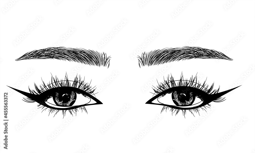 Hand drawn feminine sexy makeup look with perfectly shaped eyebrows and extra full lashes. Idea for a business card, vector typography. Perfect interior appearance