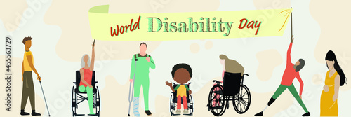 International Day of Persons with Disabilities. Banner icon set with disabled woman athlete with leg prosthesis, blind young man, boy  in wheelchair. December 3.
