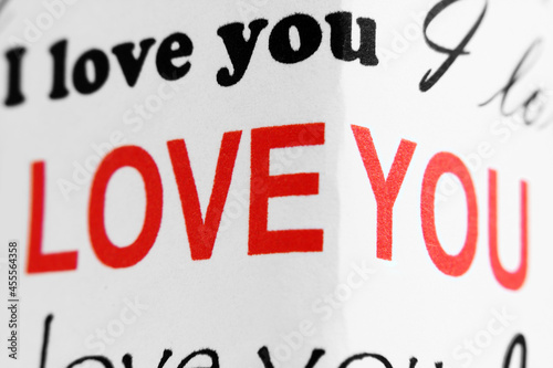 Fragment of gift box with “I love you” superscription photo