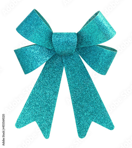 Cyan glitter gift bow, isolated on white