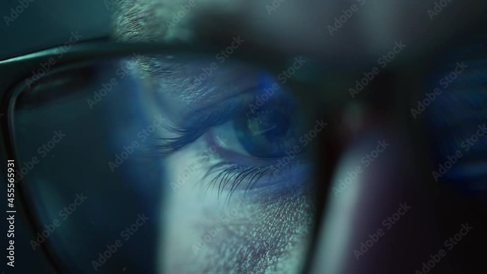Close-up Portrait of Software Engineer Working on Computer, Line of Code Reflecting in Glasses. Developer Working on Innovative e-Commerce Application using Big Data AI.Stylish Macro Shot of Eye, Lens
