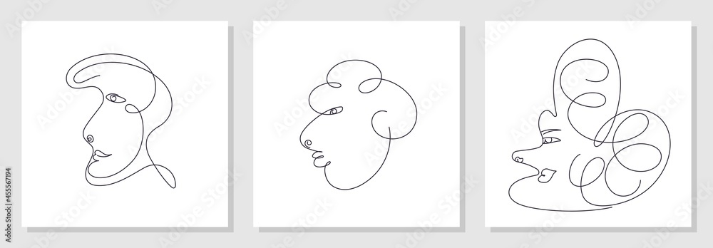 Trendy abstract faces set. Funny caricatures. Side view in profile. Contemporary minimal lineart vector design