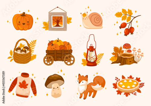 Set of autumn vector illustrations. Basket of mushrooms, sweater with autumn leaf, pumpkins cart, forest stump, fox and snail. Collection of fall season scrapbook elements and concepts.