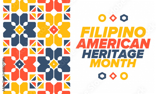 Filipino American History Month. Happy holiday celebrate annual in October. Filipinos and United States flag. Culture month. Patriotic design. Poster, card, banner, template. Vector illustration