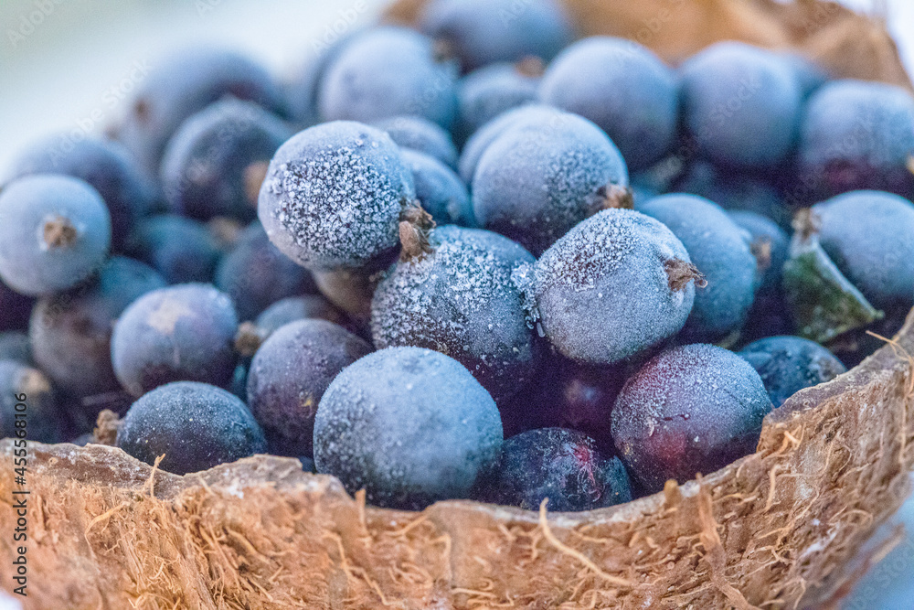 Frozen sweet summer blueberries and blueberries in a coconut shell on a white background, cold frosty look of berries from the freezer.
Frozen sweet summer blueberries and blueberries in a coconut shell on a white background, cold frosty look of berries from the freezer.