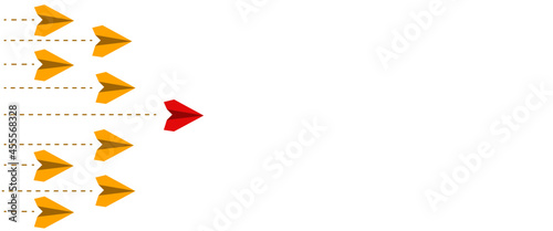 paper airplanes. red airplane changing path.Thinking different,Business leader,personality development idea concept
