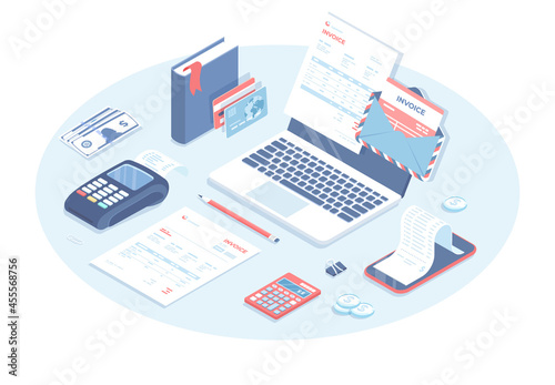 Online payment. Invoicing, bookkeeping, accounting, internet banking. Electronic and paper invoice, bills on laptop screen. Vector illustration in 3d design. Isometric web banner.