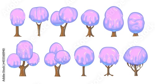 Set of fabulous sweet trees. For landscapes with purple caramel, ice cream or jelly. Perspiration. Childrens fun illustration. Cartoon style. Vector