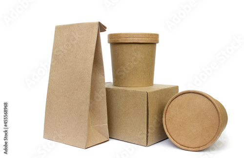 Eco friendly food containers isolated on white. Recycling concept. Delivery food background. 