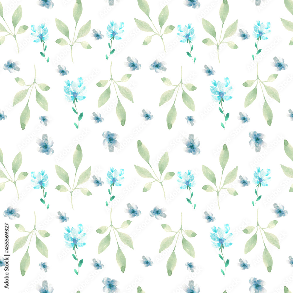Seamless watercolor pattern. Seamless design with blue flowers and greenery