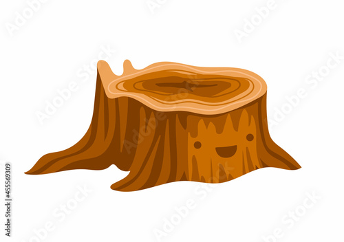 Cute tree stump. Kawaii cartoon character. Woodland and forest element. Isolated hand-drawn vector illustration.