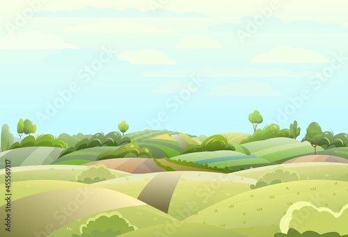 Rural vegetables and grassy hills. Farm cute landscape with road. Funny cartoon design illustration. Summer pretty sky. Flat style. Vector.