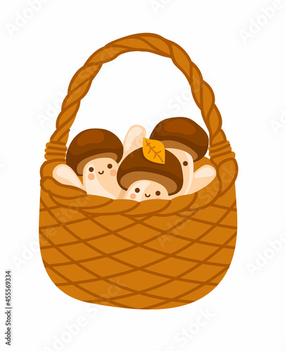 Wicker basket with porcini mushrooms and autumn foliage. Cute kawaii characters. Autumn harvest, hello fall concept. Cartoon vector isolated illustration.