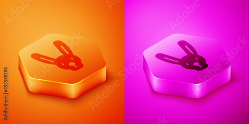 Isometric Rabbit with ears icon isolated on orange and pink background. Magic trick. Mystery entertainment concept. Hexagon button. Vector