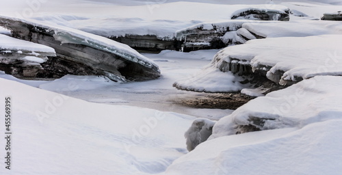 Icicles and frost on a snow-covered frozen river