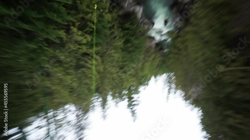 Tilt Down Panning Shot Of Tourist Bungee Jumping Over River In Forest During Vacation - British Columbia, Canada
