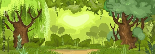 Summer forest landscape. Dense foliage, shrubs and a clearing at the edge. Light foggy thickets. View of green trees. Nature illustration. Cartoon flat style. Vector