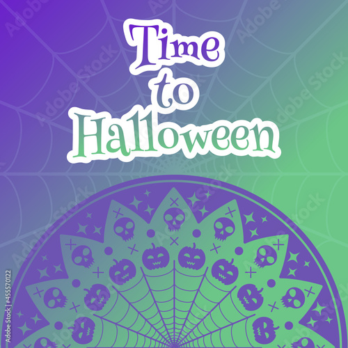 Halloween greeting card with skulls and pumpkins. Gradient color. Banner for holiday celebration
