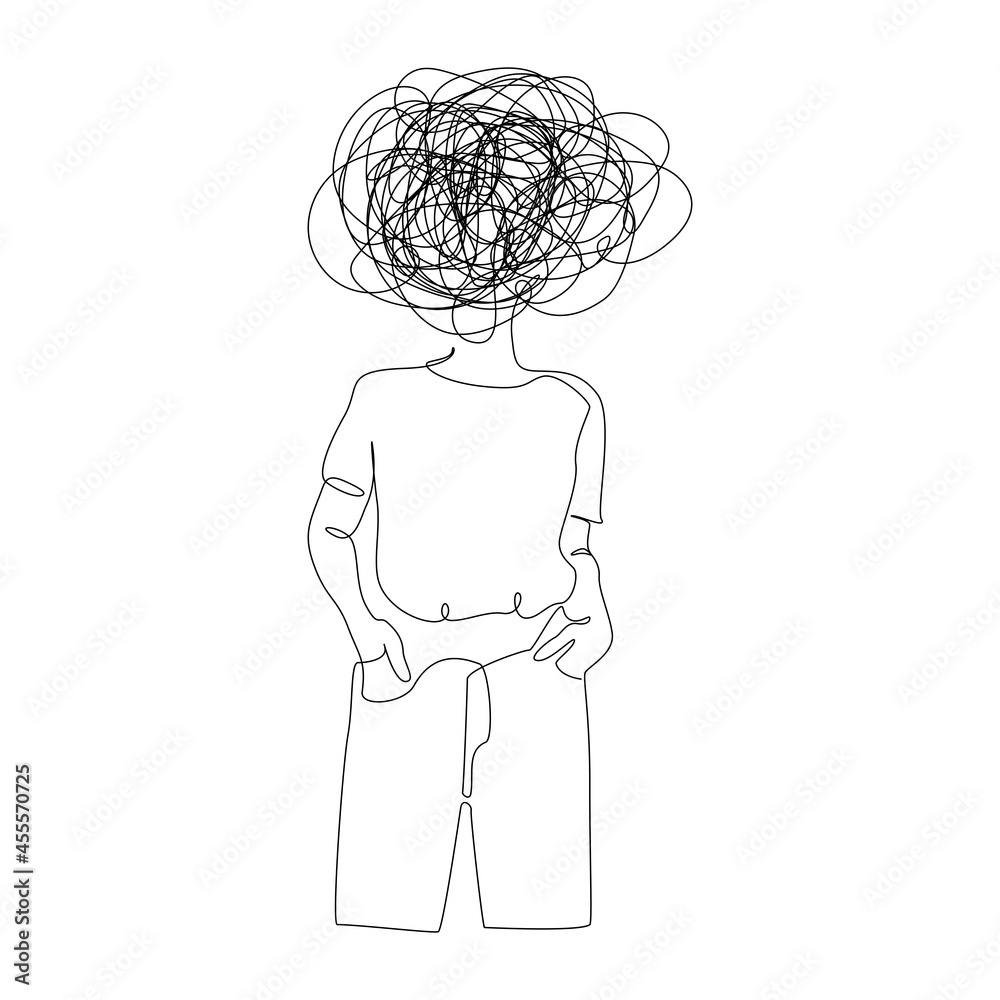 Continuous one line drawing of a woman with confused messy feelings ...