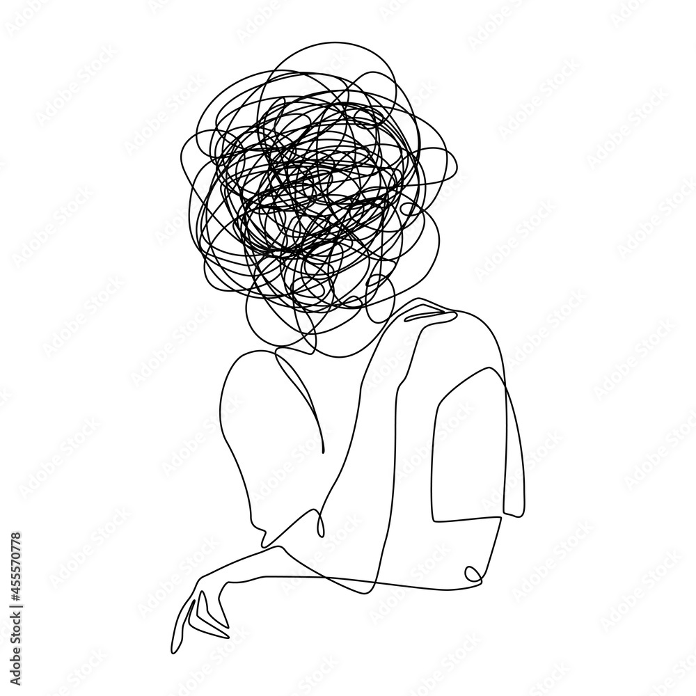 Continuous one line drawing of a woman with confused feelings worried