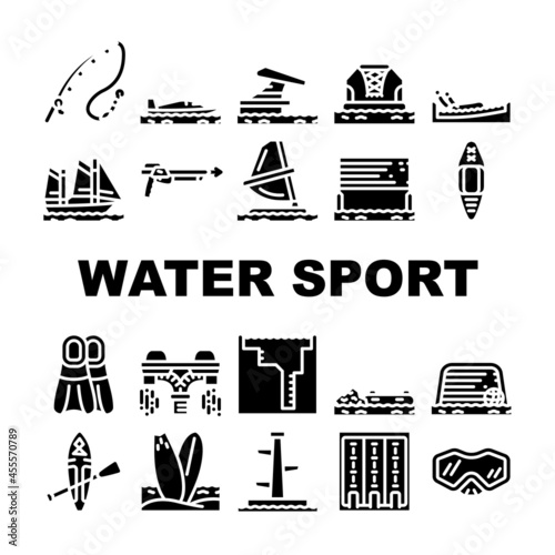 Water Sports Active Occupation Icons Set Vector. Kayak And Sap Board, Freediving Pool And Swimming, Volleyball And Basketball Water Sports Fishing And Spearfishing Glyph Pictograms Black Illustrations