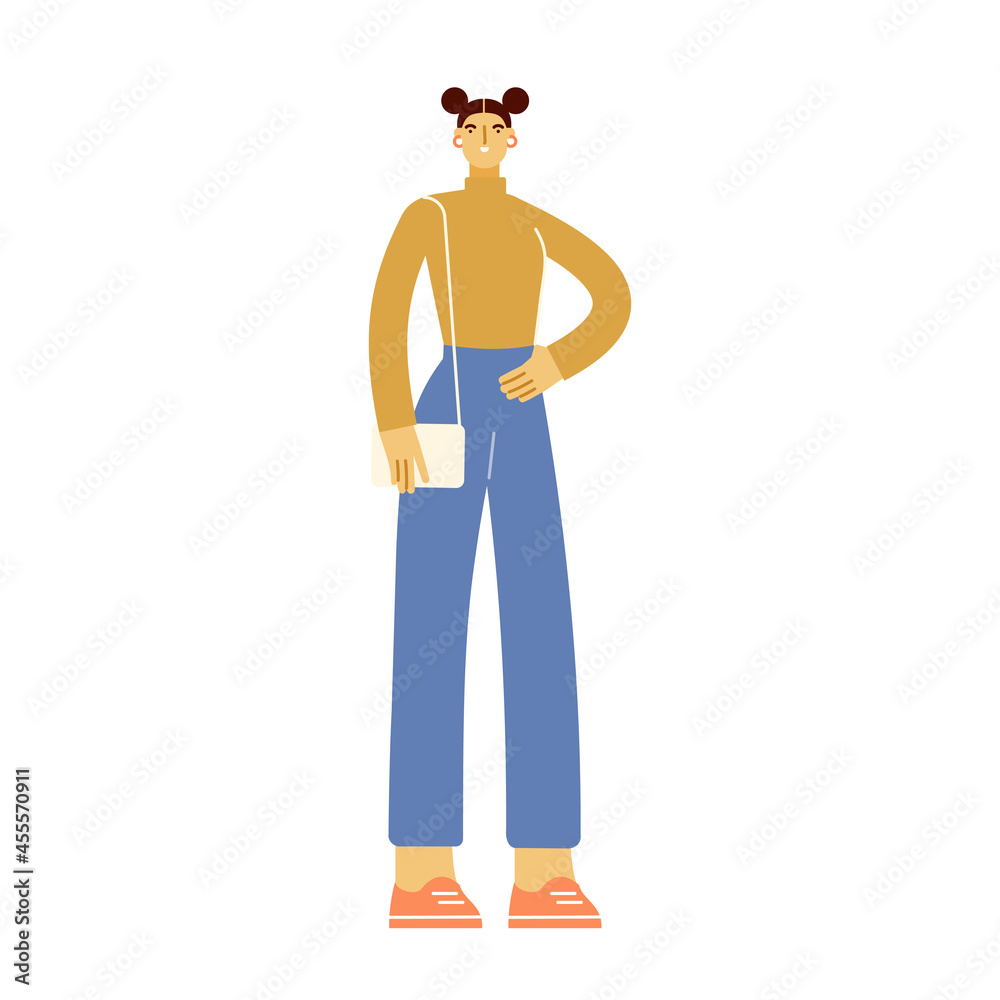 Full length female character. Girl stands and smiles. Modern young woman in casual clothes. Vector illustration, flat design. Isolated on white. 