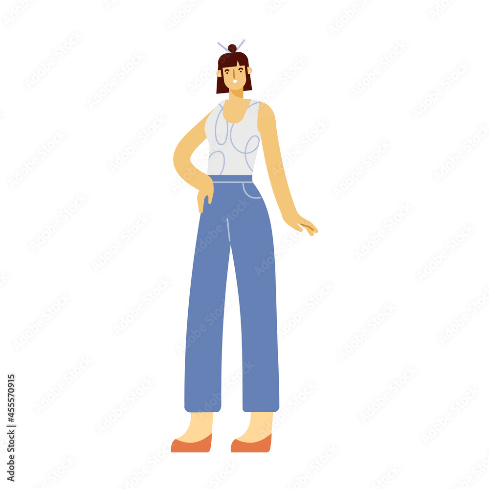 Fototapeta premium Full length female character. Girl stands and smiles. Modern young woman in fashionable clothes. Colored flat vector illustration isolated on white background.