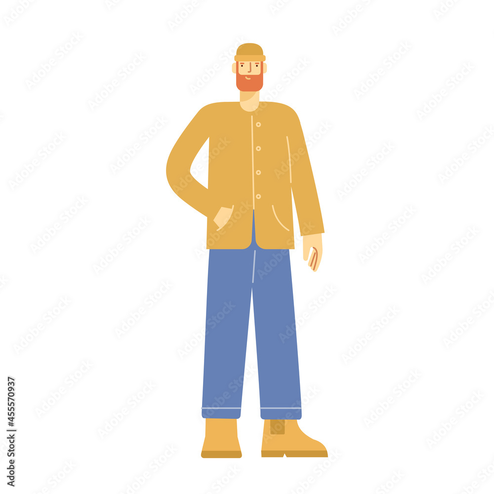 Full length male character. Boy stands and smiles. Modern young man with a beard in casual clothes. Colored flat vector illustration isolated on white background.