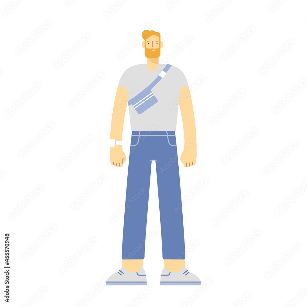 Full length male character. Boy stands and smiles. Modern young man in casual outfit. Vector illustration, flat design. Isolated on white. Full length male character. Boy stands and smiles. Modern young man in casual outfit. Vector illustration, flat design. Isolated on white.