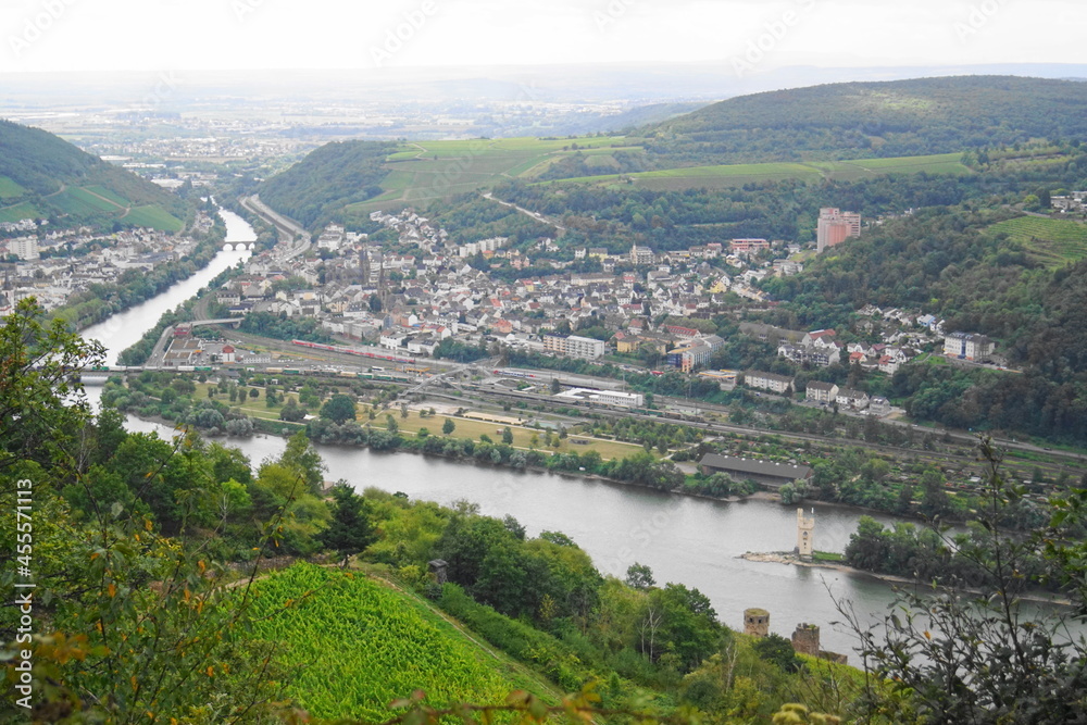 Blick von oben auf Bingen und die Nahe in Rheinland-Pfalz