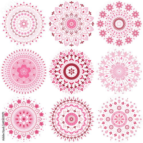 Set of abstract cherry blossom mandala ornament. Japan sakura flower vector