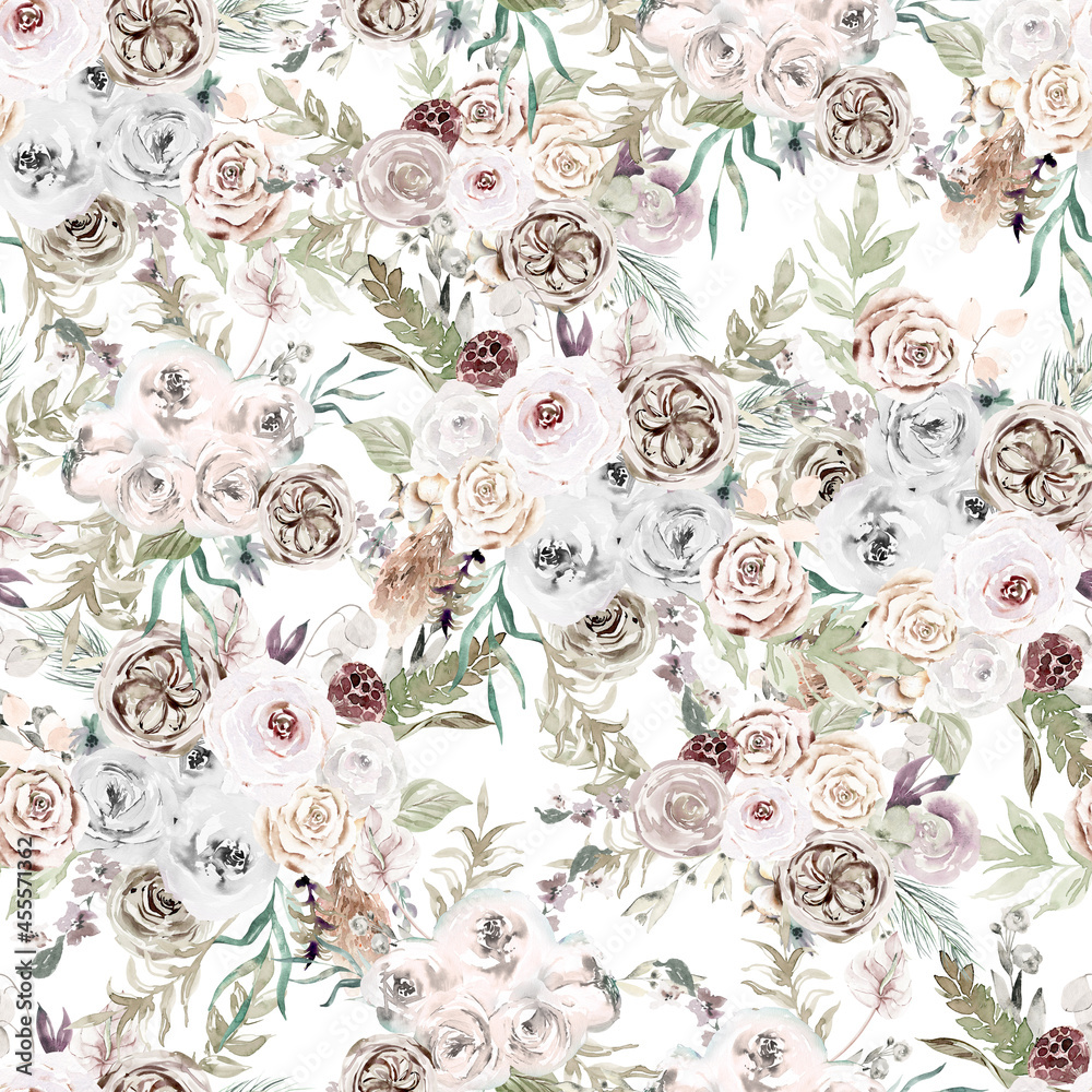 Fototapeta premium watercolour boho seamless pattern for fabric, boho dried palm repeat background for boho wedding, textile, prints, nursery, home decor