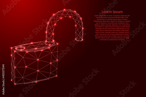 Padlock with open shackle, symbol of vulnerability of data protection, from futuristic polygonal red lines and glowing stars for banner, poster, greeting card. Vector illustration.