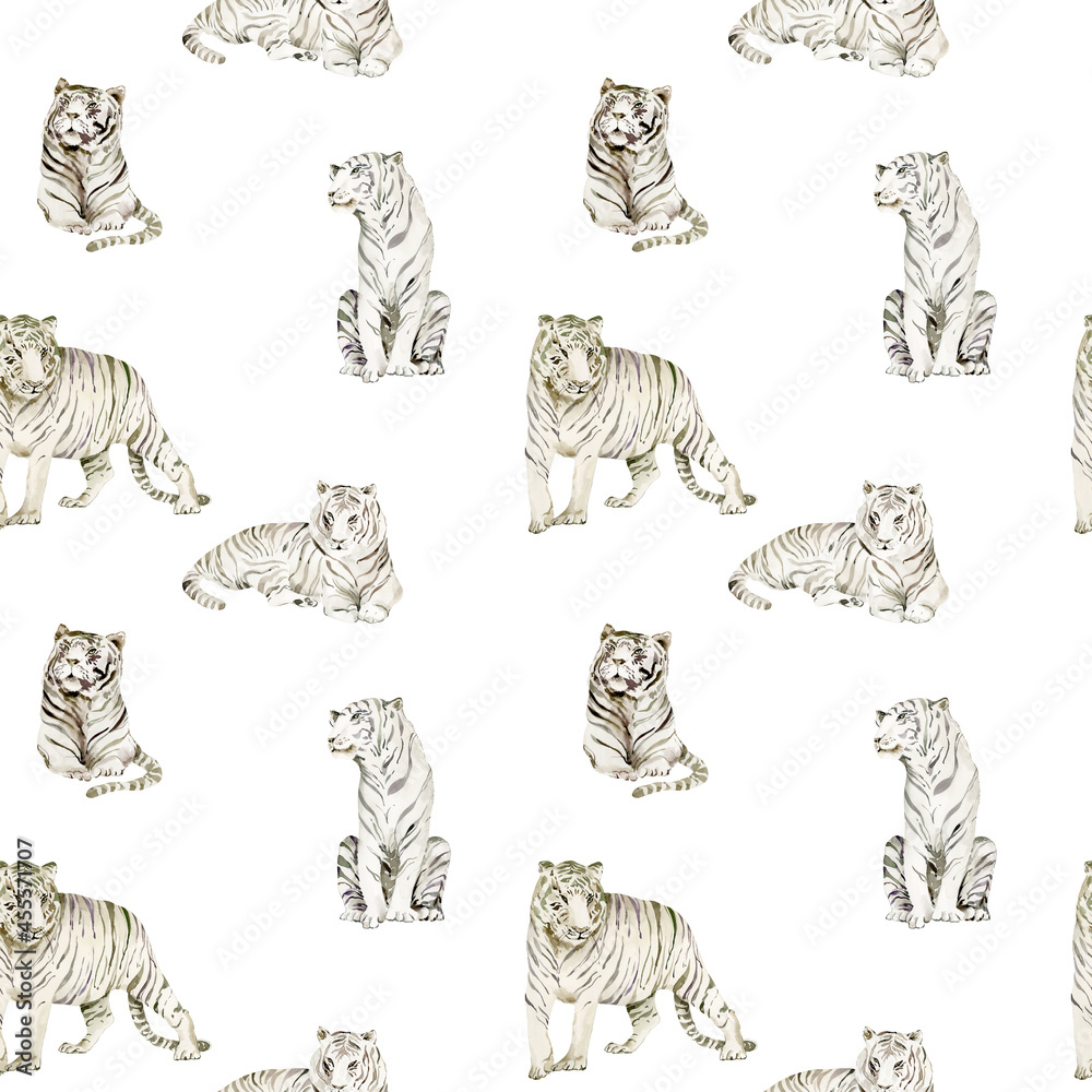 Watercolor white tiger seamless pattern. Boho seamless pattern for fabric, 2022 New year symbol. Tropical  repeat background for packaging, wrapping paper, nursery decor