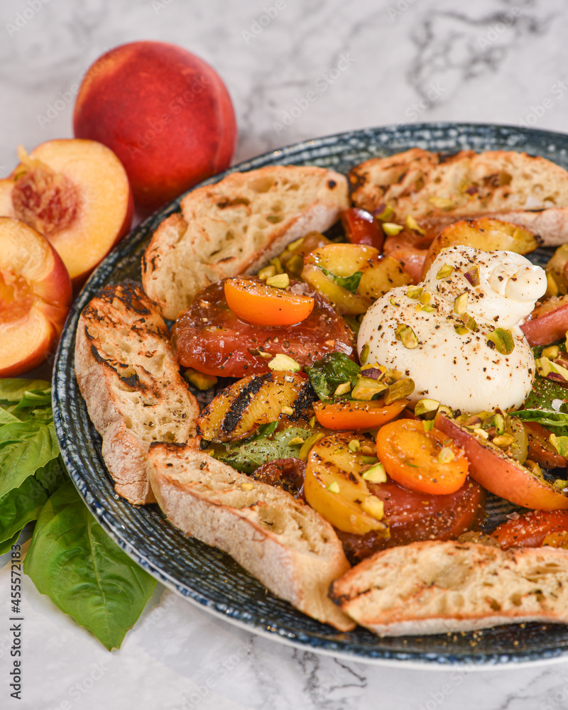 Grilled Peach and Burrata Plate with Tomatoes