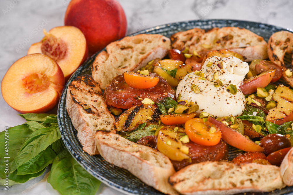 Grilled Peach and Burrata Plate with Tomatoes Grilled Peach and Burrata Plate with Tomatoes