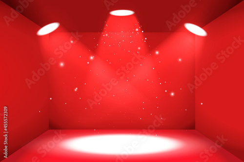 Empty space of the red luxury box with three light sources
