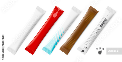 Set of realistic packaging stick mockup. Front and rear side. Vector illustration isolated on white background. It can be used for sugar, coffee, ketchup, powder, cosmetics and etc. EPS10.	