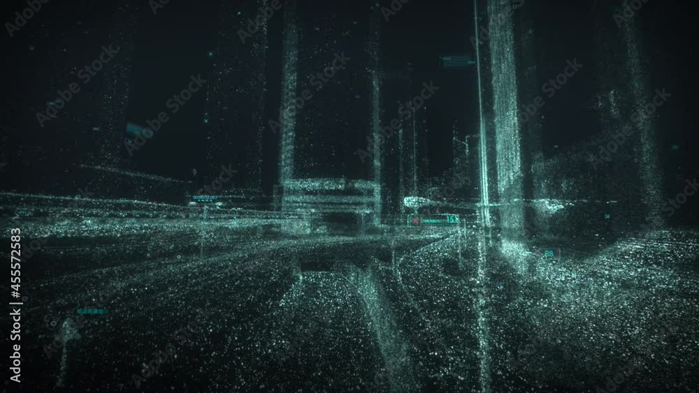 Digital model of a city street by laser scanning. 3D point cloud from lidar. Machine learning system concept
