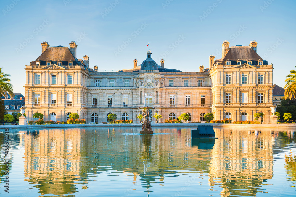 Luxembourg garden with pond, fountaine and building of Luxembourg Palace with no people. Paris, France