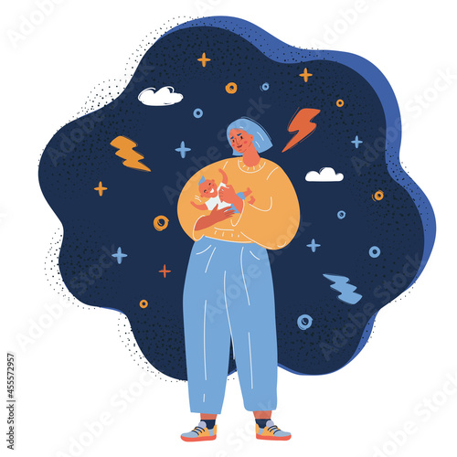 Vector illustration of mother holding baby in front of a heartover dark backround.