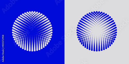 Colorful halftone radial patterns. Dotty circles logo design. Vector duotone abstract background.