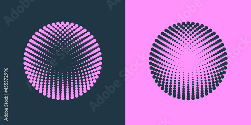 Colorful halftone radial patterns. Dotty circles logo design. Vector duotone abstract background. © Oleksandra