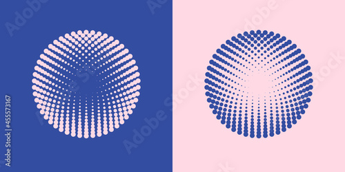 Colorful halftone radial patterns. Dotty circles logo design. Vector duotone abstract background. © Oleksandra