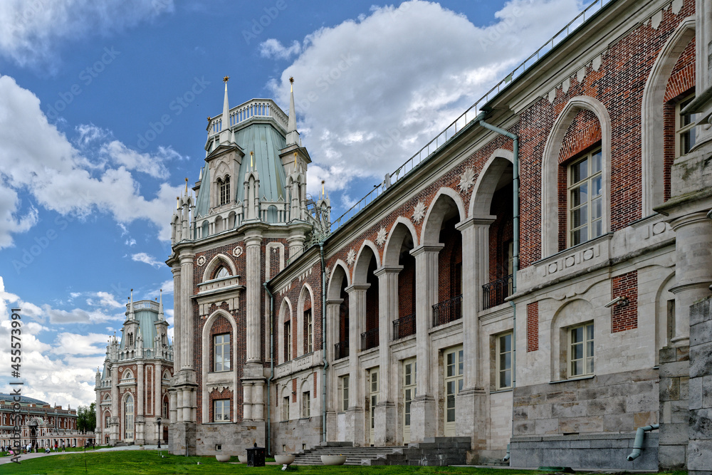 Russia. The Grand Palace in Tsaritsyno Park. Tsaritsyno Park is one of the main tourist attractions in Moscow. Beautiful scenic view of the old entrance of the complex in the summer on a Sunny day