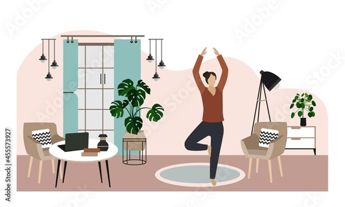 Banner. The girl is engaged in yoga. Stylish modern interior. The girl leads a healthy lifestyle. Vector illustration. 