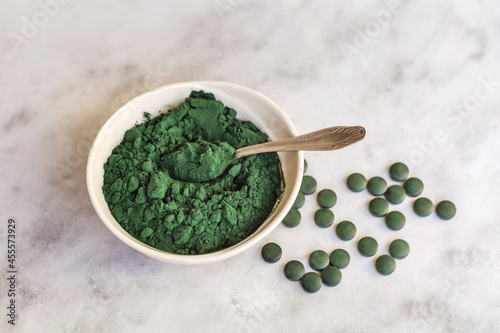Spirulina Powder and Pills Healthy Dietary Supplement .Organic Green Algae - Chlorella